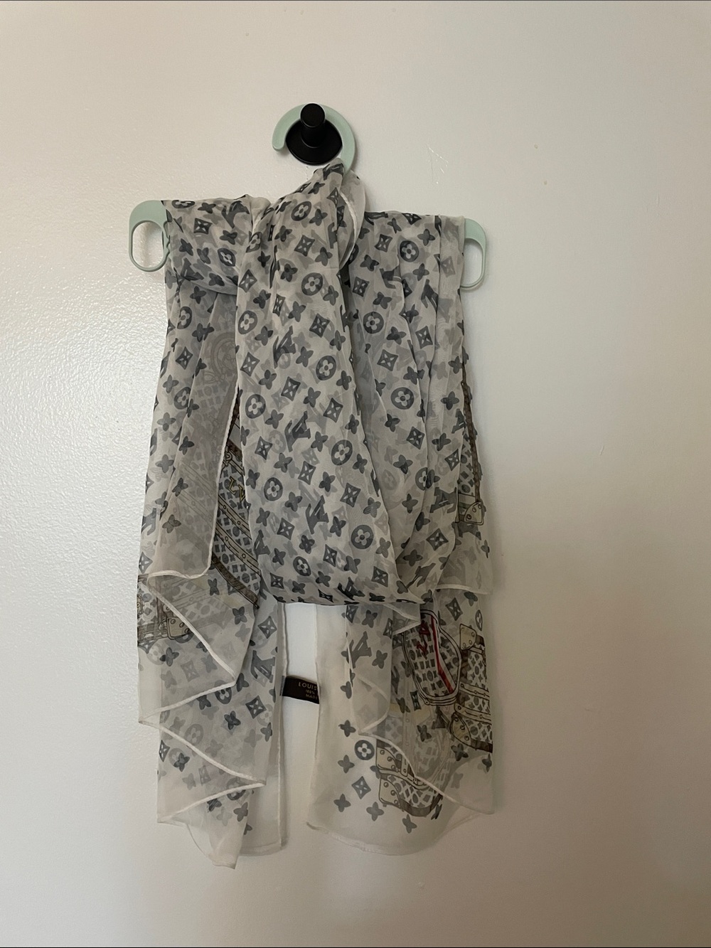 Louis Vuitton White Sheer Monogram Silk Scarf with Gray Motifs